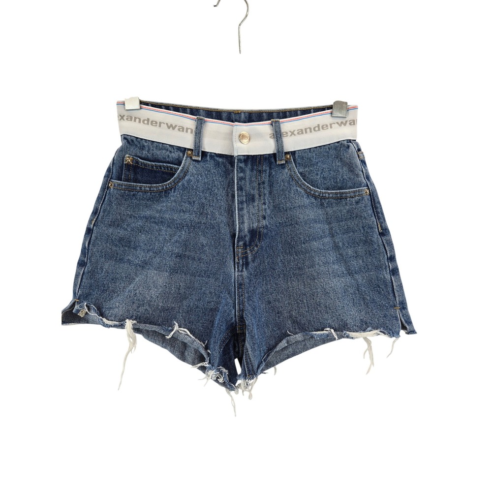 Alexander Wang Blue Denim High Rise Logo Waistband Cut Off Shorts Size‎ 26